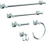 Chrome bathroom accessory set including towel bars, hooks, and a towel ring 