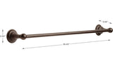 A dark bronze bathroom towel bar with dimension callouts showing a length of 26.45 inches, a wall height of 2.