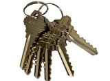 A set of brass-colored metal keys attached to a split key ring, shown against a plain white background.
