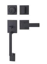 Black door handle set on a white background