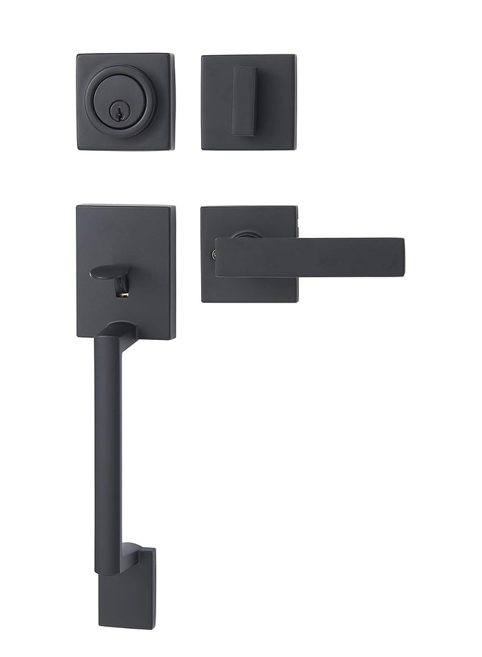Black door handle set on a white background
