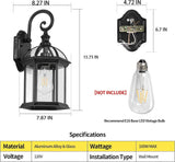 Wall-mounted outdoor light fixture with dimensions and bulb recommendation on a white background