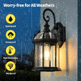 Outdoor wall light fixture with weather resistance features on a rainy night background