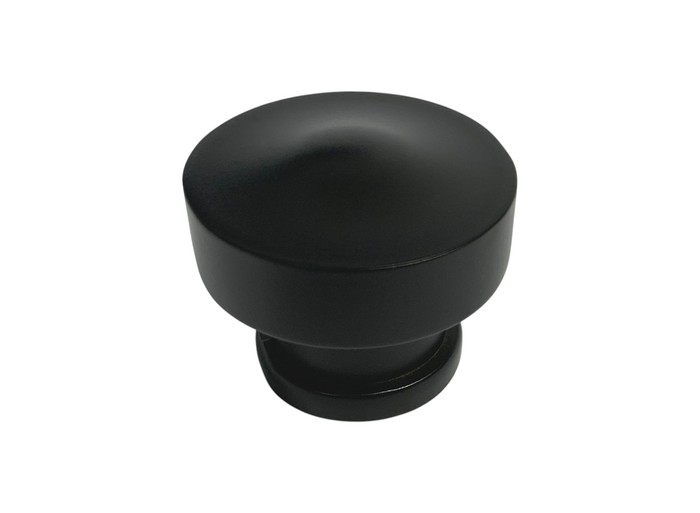Black cabinet knob on a white background