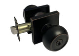 Dark oil rubbed bronze square plate entrance round knob with keyhole, shown from an angled view and a close-up of the inside.