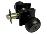 A dark oil rubbed bronze door knob set with a square plate and keyhole, including an inset image showing the knob's appearance from the inside.