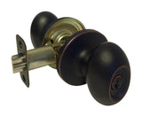 eBuilderHardware dark oil rubbed bronze entrance door knob with adjustable backset and key lock mechanism.