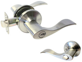 eBuilderHardware Satin Nickel residential grade entry door lever handle with keyway and inside view.