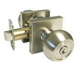 A satin nickel finish door knob with a square plate and round knob.
