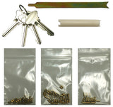 schlage rekey kit with 4 keys, follower tool, clip tool, and pins on a white background