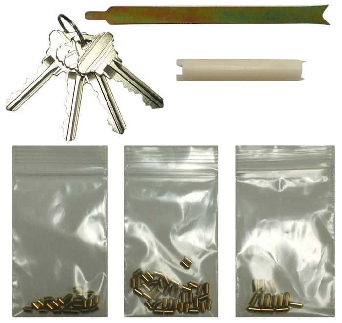 schlage rekey kit with 4 keys, follower tool, clip tool, and pins on a white background
