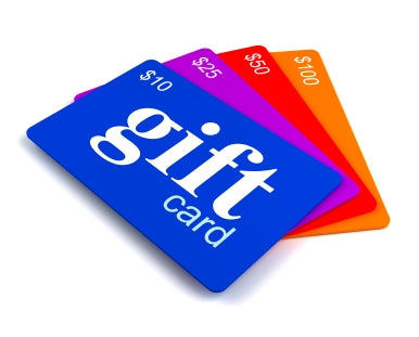 A stack of five blue gift cards with 'GIFT CARD' text in red and green borders.