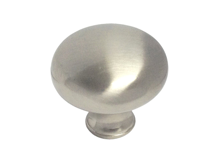 100 satin nickel round knob for cabinet hardware, showing a brushed metal finish.