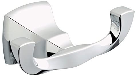 A polished chrome robe hook with a die-cast zinc construction, featuring a sleek, modern design with two hooks.