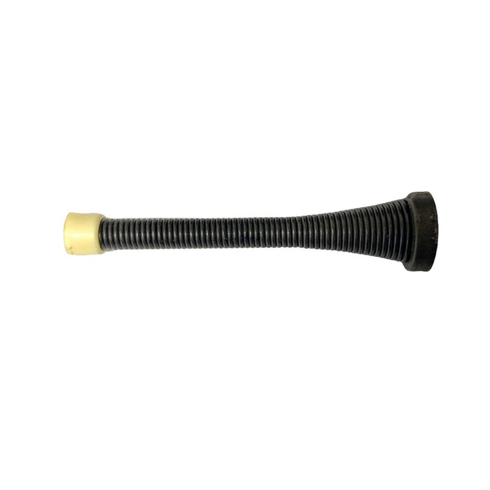 A 4-1/4 inch oil rubbed bronze spring door stopper with a discolored end cap.