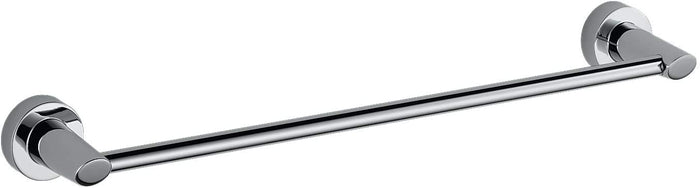 A polished chrome towel bar with a silver finish, featuring a mounting bracket on each end.