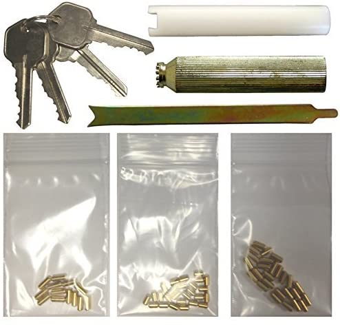 A rekey kit set including 4 keys, a removal tool, a deadbolt screw cap remover, and a follower.