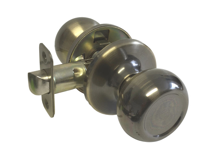 Antique brass round door knob with a metallic finish and a central cylindrical mounting plate.