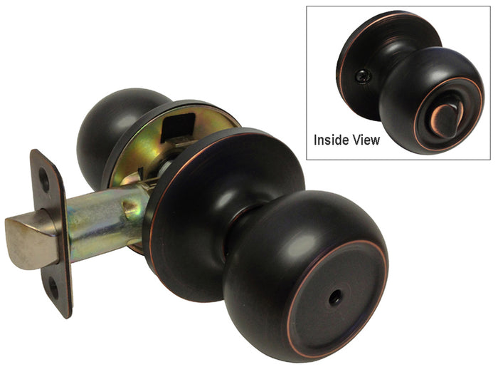 A dark oil rubbed bronze privacy round knob with a ANSI standard residential grade lock, including a backplate, shown in two images, one showcasing the knob's appearance and the other the inside view of the lock mechanism.