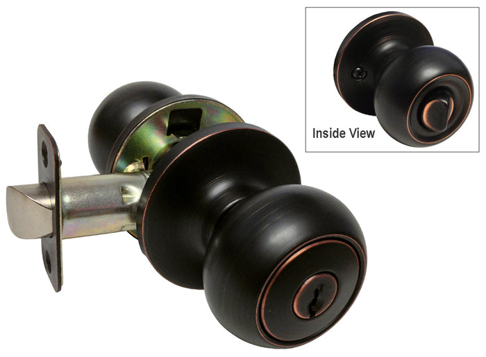 A set of dark oil rubbed bronze round door knobs with a keyhole, shown from an external and internal perspective.