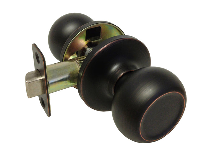 A dark oil rubbed bronze passage round knob door hardware.