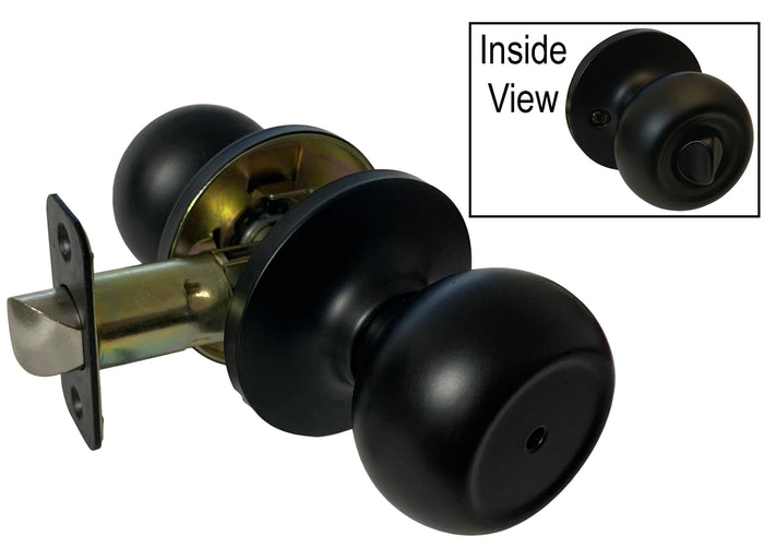 Black privacy round door knob with a visible inside view showing the knob's size and shape in relation to the door's hardware.