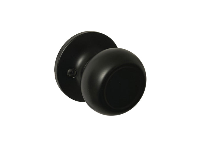 A single black finish dummy round knob for door hardware.