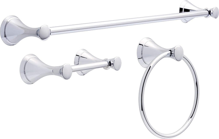 A set of Delta Carlisle bathroom accessories in polished chrome, including a 24 inch towel bar, toilet paper holder, and towel ring.