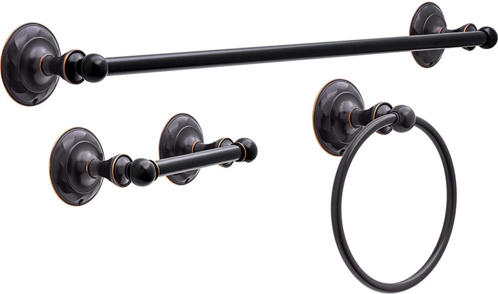 Delta Pirouette 3-piece bath hardware set in oil-rubbed bronze finish including a 24 inch towel bar, toilet paper holder, and towel ring.