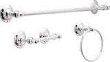 A set of Delta Pirouette bath hardware including a towel bar, toilet paper holder, and towel ring, finished in polished chrome.