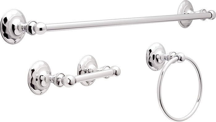 A set of Delta Pirouette bath hardware including a towel bar, toilet paper holder, and towel ring, finished in polished chrome.