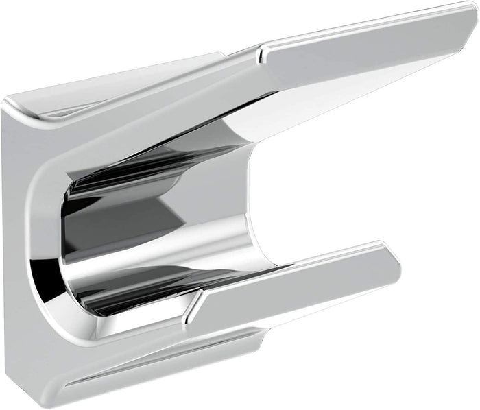 A polished chrome double towel hook from the Delta Pivotal Collection with a sleek, modern design.