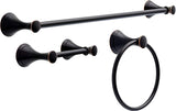 A set of three oil rubbed bronze towel bars, a tissue holder, and a towel ring, all from the Delta Carlisle Collection.