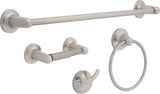 A set of Franklin Brass bath accessories in satin nickel finish including a towel bar, towel ring, toilet paper holder, and robe hook.