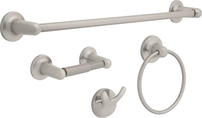 A set of Franklin Brass bath accessories in satin nickel finish including a towel bar, towel ring, toilet paper holder, and robe hook.