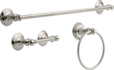 A set of Delta Pirouette bathroom hardware in satin nickel finish, including a 24 inch towel bar, toilet paper holder, and towel ring.