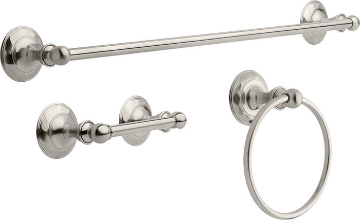A set of Delta Pirouette bathroom hardware in satin nickel finish, including a 24 inch towel bar, toilet paper holder, and towel ring.