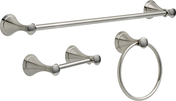 A set of Delta Carlisle bathroom accessories in satin nickel finish, including a 24 inch towel bar, toilet paper holder, and towel ring.