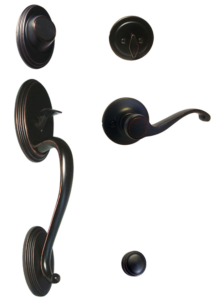 A set of dark oil rubbed bronze door handle dummy set with a lever, including various components such as backplates and strikes.