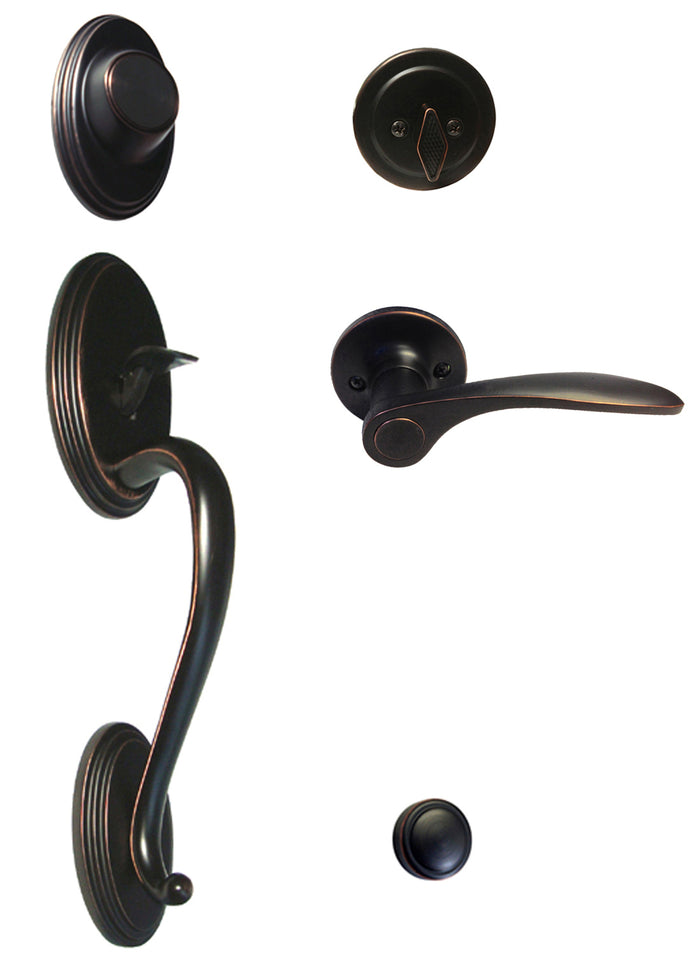 A set of dark oil rubbed bronze front door hardware including a handle, two knobs, and a keyhole.
