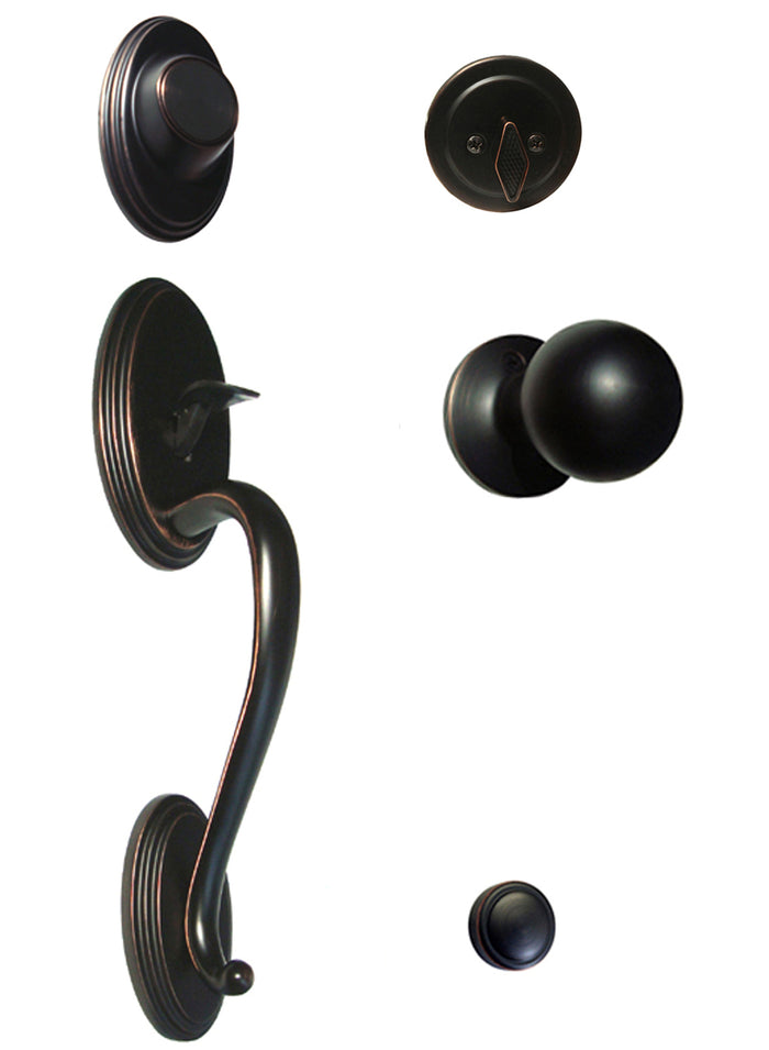 A set of dark oil rubbed bronze front door handle dummy set with round knobs and a matching door handle.