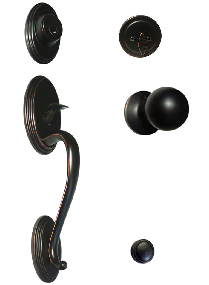 Dark oil rubbed bronze front door handleset with round knob, including the handle, knob, and key.