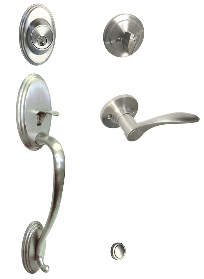 Satin Nickel Front Door Handleset With 836 Left or Right Hand Interior Lever.
