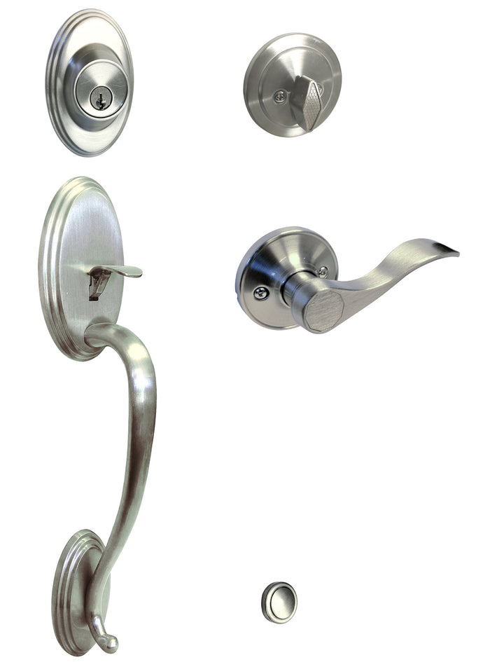 Satin Nickel Front Door Handleset With 838 Left and Right Hand Interior Lever.