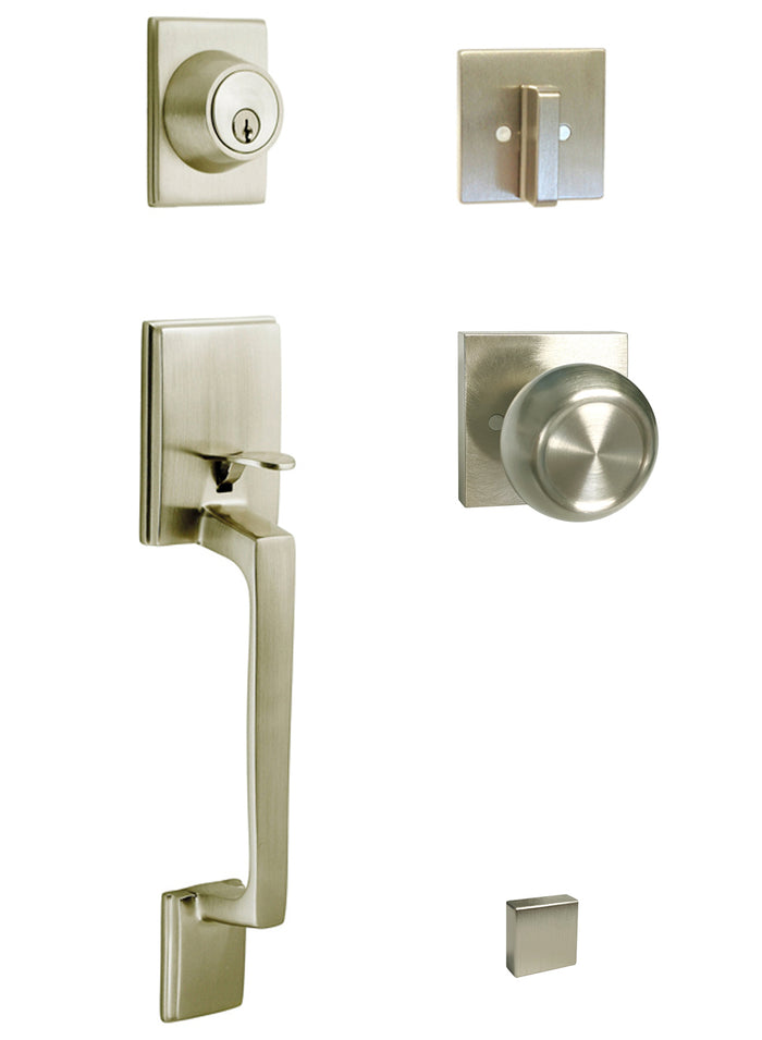 brushed Nickel Contemporary Front Door Handle with round knob
