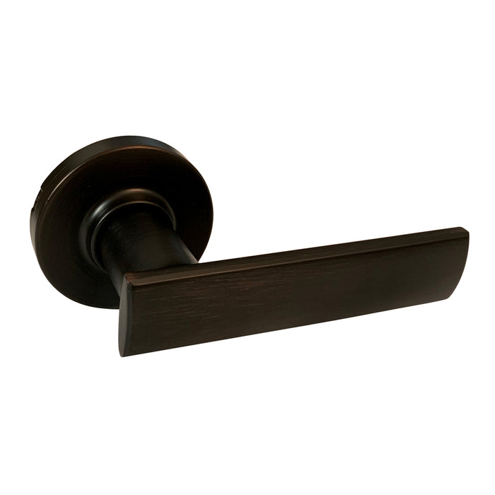 A Venetian Bronze finish door handle from the Kwikset Vedani collection, featuring a lever design and round rosettes.
