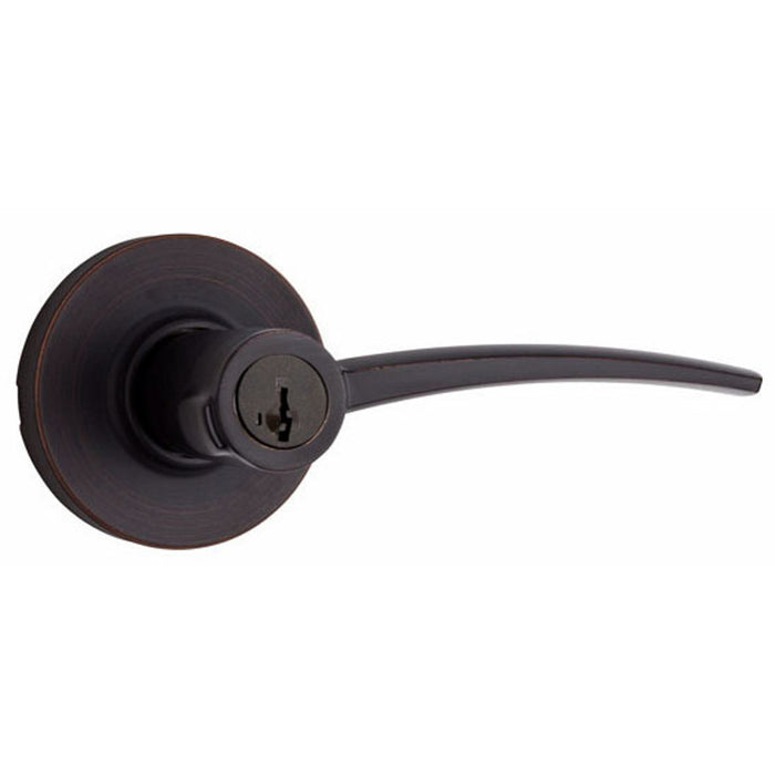 Kwikset Katara Venetian Bronze Smartkey Entry Door Handle with round rosettes and a keyhole in the center.
