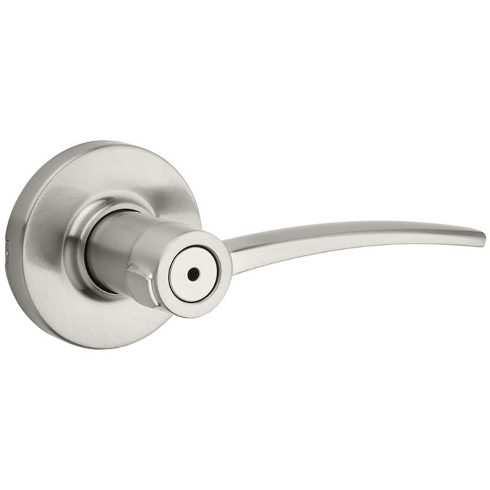 A satin nickel finish privacy door handle from the Katara collection with a round rosette.
