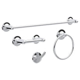 A set of four polished chrome bath accessories from Franklin Brass, including a towel bar, toilet paper holder, towel ring, and towel hook, arranged against a white background.