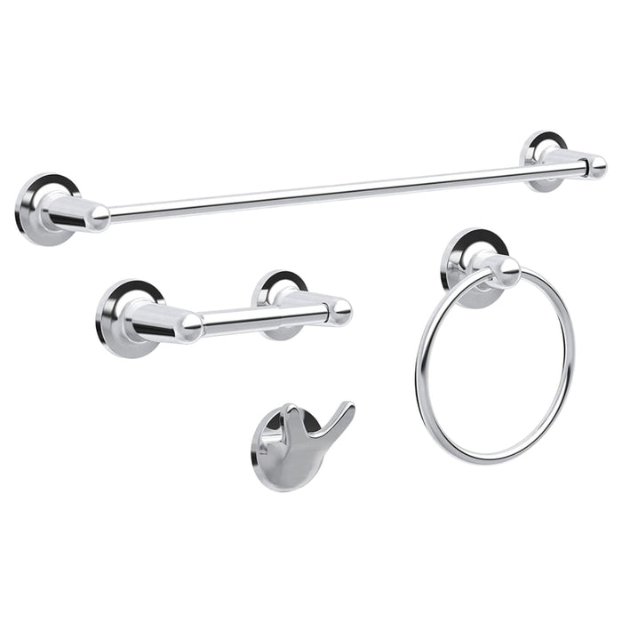 A set of four polished chrome bath accessories from Franklin Brass, including a towel bar, toilet paper holder, towel ring, and towel hook, arranged against a white background.